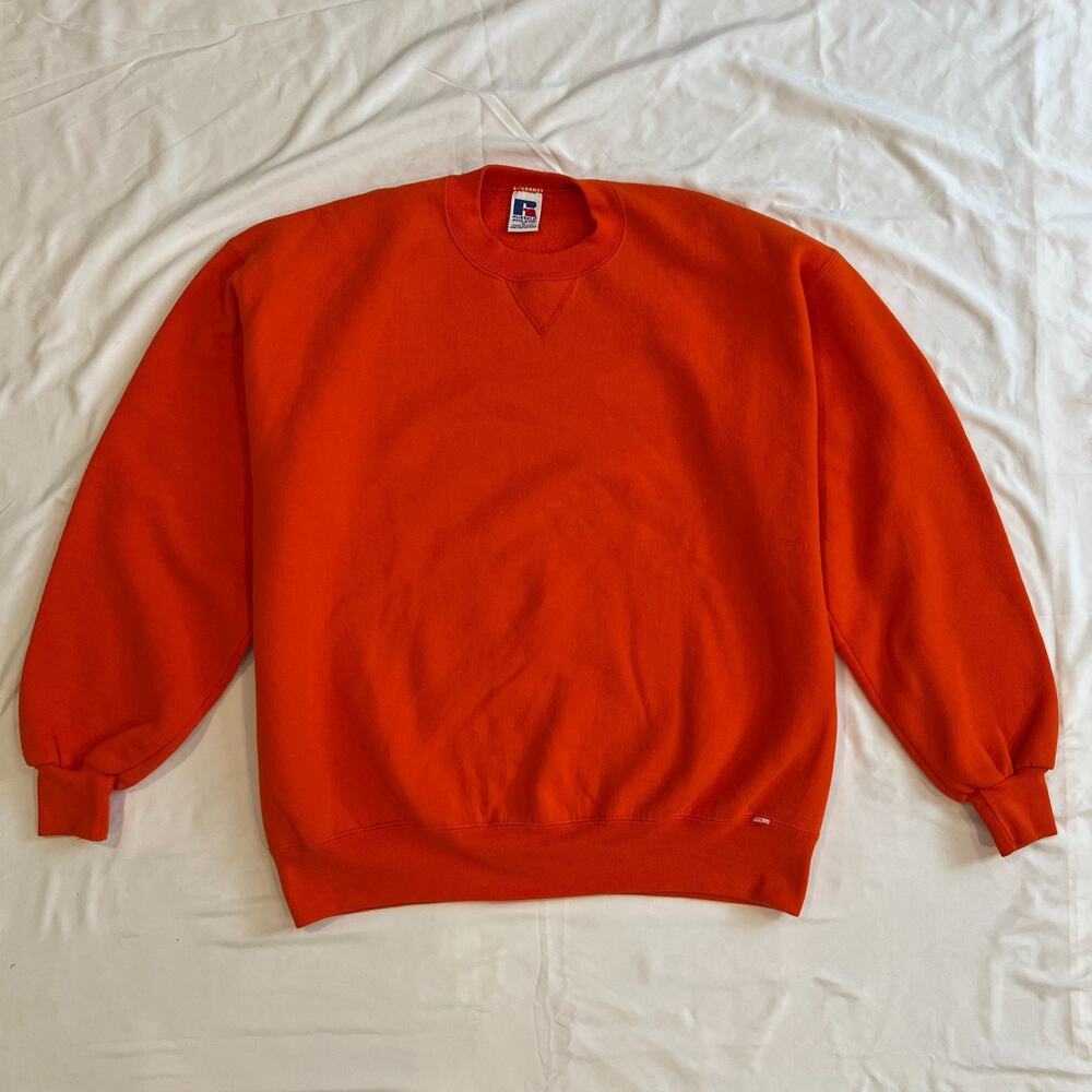 Vintage 90s Russell Athletic Crewneck Sweatshirt Mens XL Orange USA Made Blank